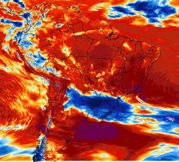 Mapa mostra onda de calor se aproximando do Brasil. Foto: Divulgação